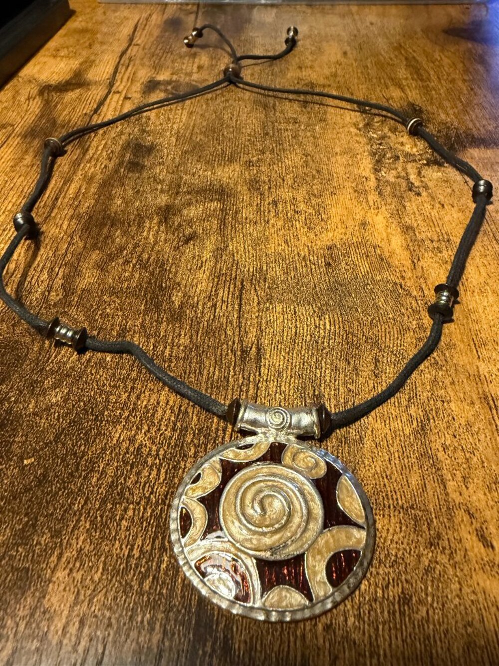 🌊 Artisan Textured Spiral Medallion Necklace: Adjustable Cord Pendant